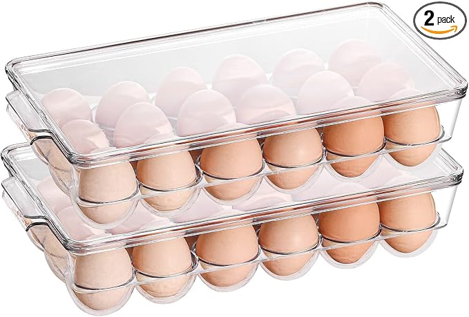 Sooyee 2 Pack Egg Holder for Refrigerator, Plastic Egg Storage Container, Fridge Egg Organizer, Clear Refrigerator Organizer Bins with Lids, Stackable Tray Holds 18 Eggs by Sooyee
