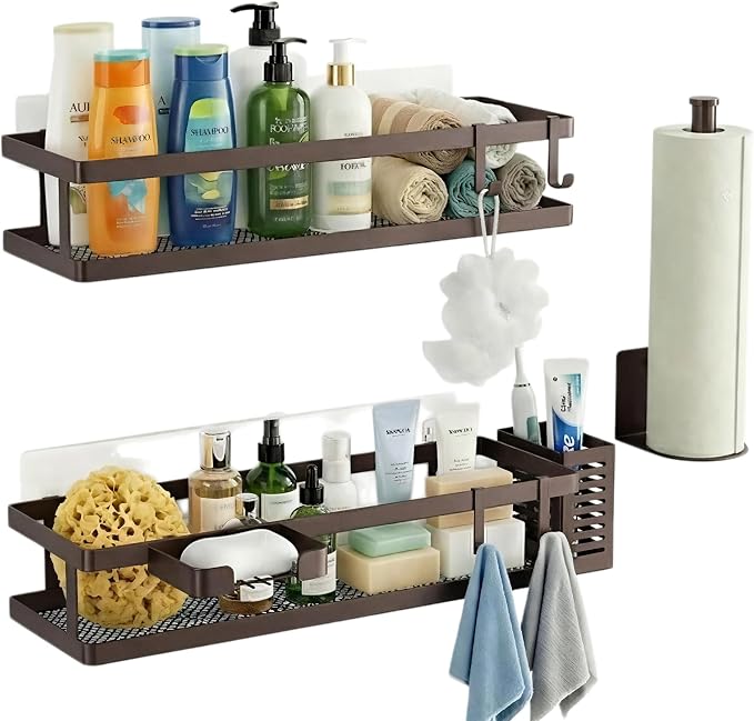 PUSDON 5-in-1 16.5" Extra Long Kitchen Organizer & Shower Caddy Set, Wall Mount Spice Rack with Paper Towel Holder, Utensil Holder & Soap Dish, Rustproof Mesh Storage Rack, Vintage Bronze, Guardrail - Image 3