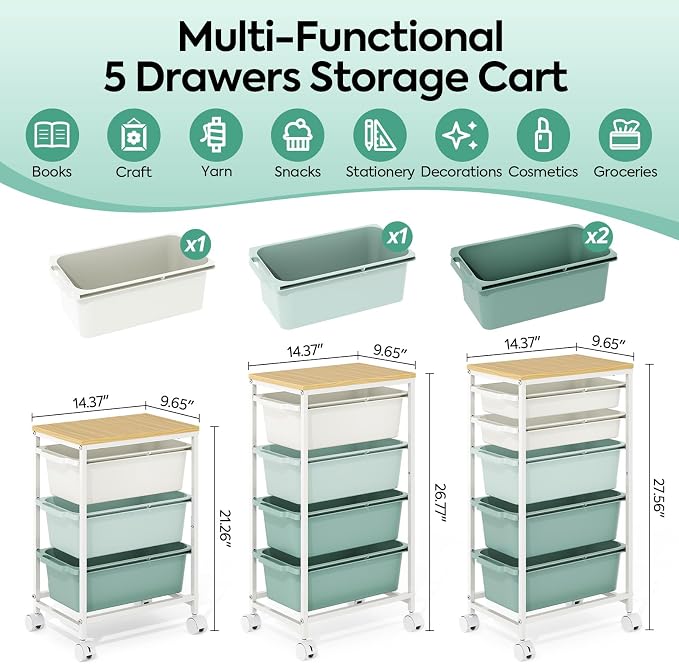 KINGBOARD Slim Rolling Cart with 4 Drawers, Metal Utility Storage Cart | Wooden Tabletop, Lockable Wheels, Table Side Trolley for Bedroom, Children's Room and Office Organization, Green - Image 2