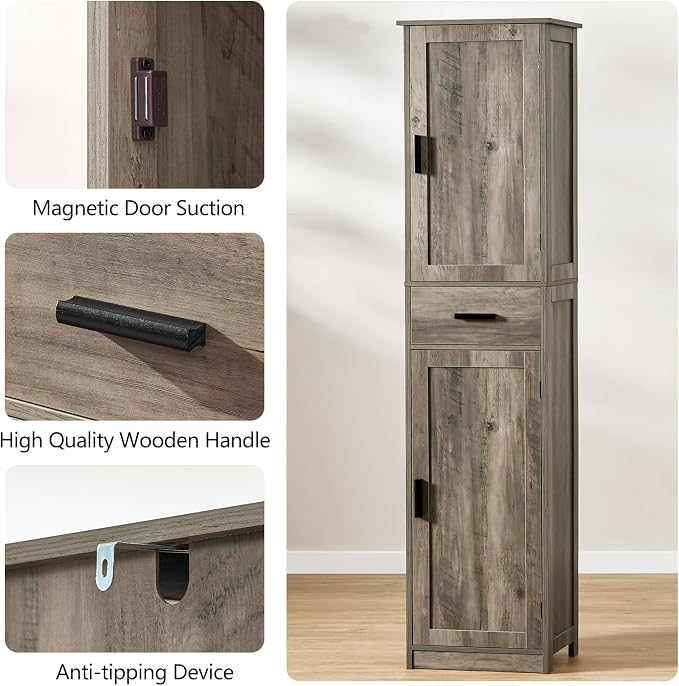 usikey 67'' Tall Storage Cabinet, Narrow Bathroom Floor Storage Cabinet with 4 Shelves & 2 Doors, for Bathroom, Living Room, Rustic Gray - Image 8