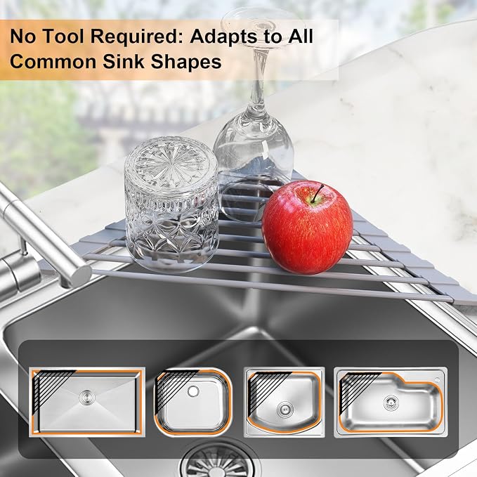 Corner Sink Caddy Kitchen Sink Organizer, Silicone Wrapped Triangle Roll Up Dish Drying Rack Over Sink Drainer Mat, Anti-Slip Sponge Holder Corner Shelf for RV Kitchen Sink Accessories Counter Storage - Image 6