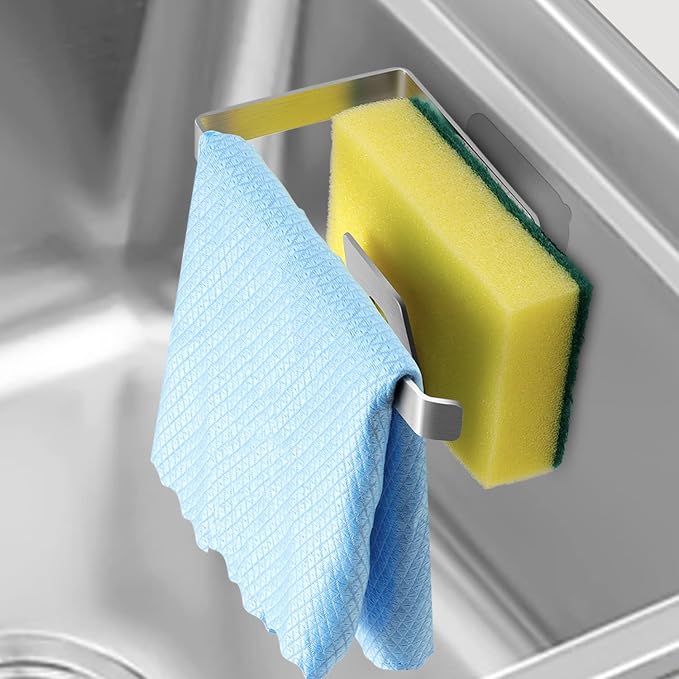 GAViA Sink Caddy, Stainless Steel Removable Sponge Holder for Kitchen Sink | 2-in-1 Sponge holder,Dish Cloth Hanger,Rustproof,In-Sink,Wall Hanging,Adhesive,Self Drain Sink Organizer Rack,Silver by gaviallc