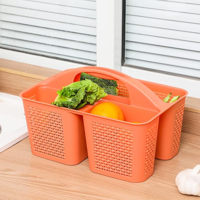 Plastic Portable Shower Caddy Basket with Handle, 3 Compartments, Orange | Storage Organizer with Drain Holes, Sturdy and Durable For Bathroom, Kitchen, College Dorm, Sink, Camping - Image 2