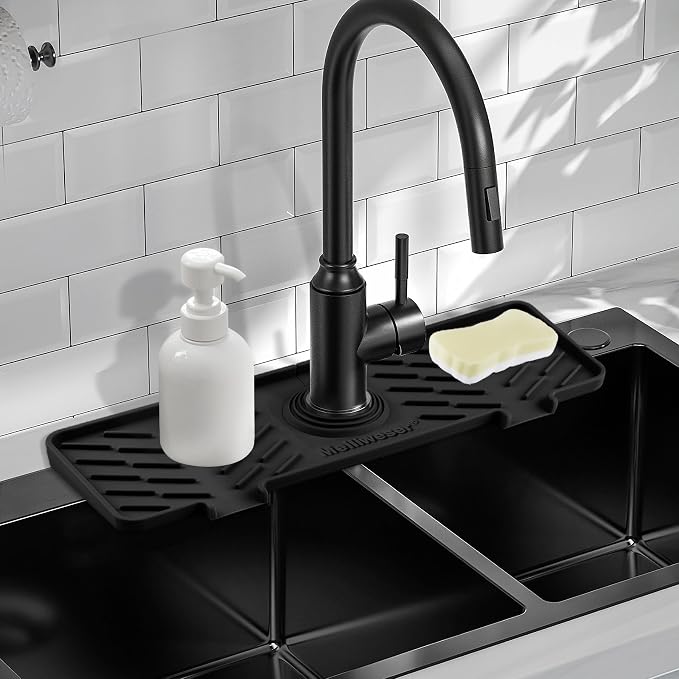 Silicone Faucet Mat for Kitchen Sink – Gen 3 10° Slope Splash Guard with Cuttable Hole – 14” x 5.5” Drip Catcher & Sponge Holder for Kitchen, Bathroom (Black) by Meiliweser