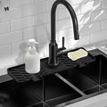 Silicone Faucet Mat for Kitchen Sink – Gen 3 10° Slope Splash Guard with Cuttable Hole – 14” x 5.5” Drip Catcher & Sponge Holder for Kitchen, Bathroom (Black) by Meiliweser