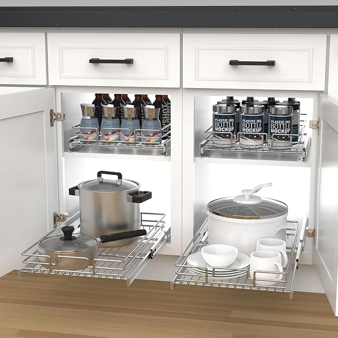 Pull Out Cabinet Organizer, Heavy-Duty Metal Sliding Drawer Shelf for Kitchen Cabinets, Chrome, Doesn't Include Door Fittings (14 * 21 IN) - Image 8