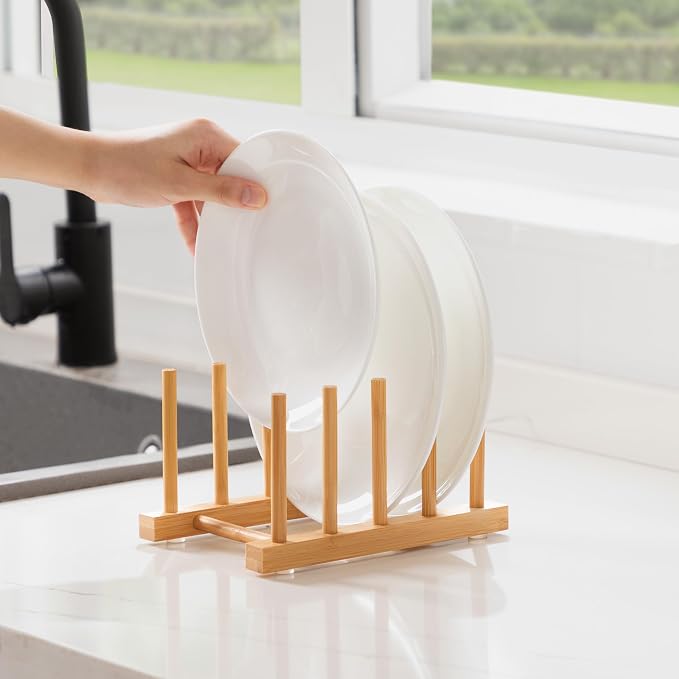 Bamboo Dish Drying Rack for Kitchen Counter & Cabinet (4 Slots) | Detachable Dish/Book/Plate/Bowl/Cup/Cutting Board/Pot Lid Organizer for Kitchen, Living Room, Study, Display Cabinet - Image 7