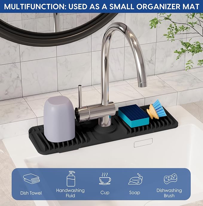 17.7-Inch Silicone Faucet Mat for Kitchen Sink Splash Guard, 7° Slope | 17.7"x5.5" water draining mat with fasten button; 1.6-2.75" customizable hole for bathroom, RV & kitchen sink drip catcher. - Image 7