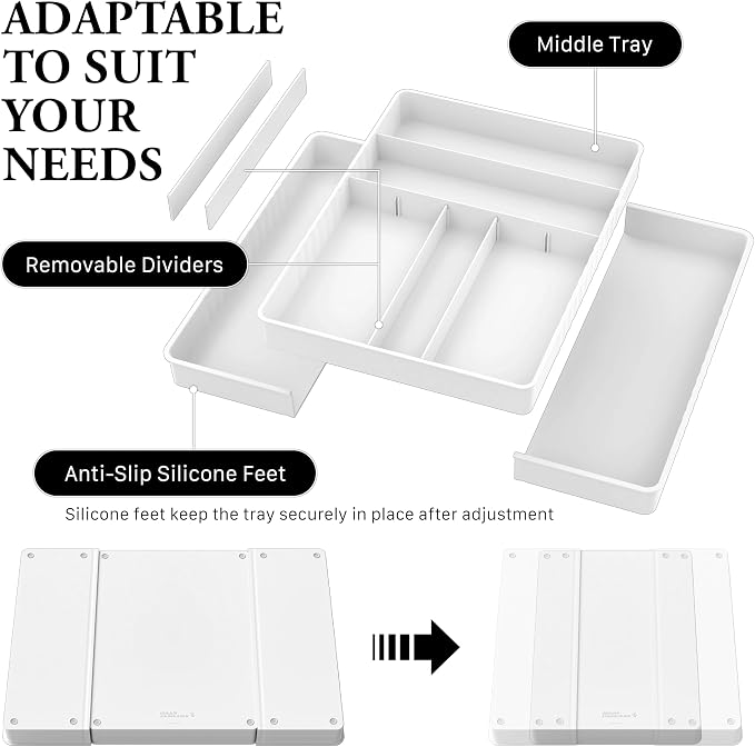 Simple Houseware Expandable Kitchen Drawer Flatware Organizer, White | Expandable & Adjustable Cutlery Drawer Organizer - Large Utensil and Flatware Tray for Kitchen Drawers - Image 4