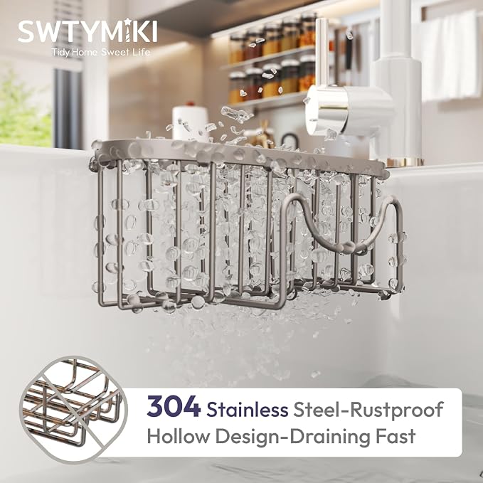 SWTYMIKI Sponge Holder for Kitchen Sink - Movable Kitchen Sink Caddy with M Hook Stainless Steel Hanging Sponges Caddy Organizer in Double Bowl Sinks Depth>3.15in, Middle Divider<1.5in, Sand Nickel L - Image 4