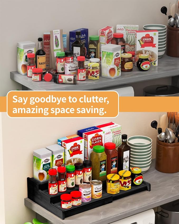 Spice Rack 3-Tier Natural Bamboo, Adjustable Cabinet Organizer Shelf | Expands 8.7-15.6"cabinets. Stepped design, labels visible.Storage organizer saves space, easy wipe. For spices, jars,cans. - Image 2