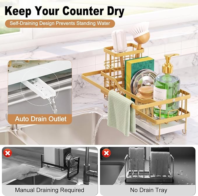 Sponge Holder for Kitchen Sink, Self-draining Sink Caddy, Gold | Metal Countertop Organizer with Towel Rack & Brush Holder, Rustproof Sink Storage Rack for Dish Soap and Cleaning Essentials - Image 3