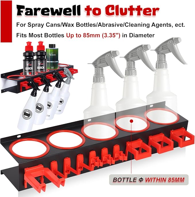 Spray Bottle Holder Wall Mount, 22Pcs Car Detailing Bottle Holder Rack Set | Heavy-Duty Detailing Organizer with Clips Hooks Brushes, Garage Van Workshop Steel Rack for Aerosol Cans, Van, Workshop Tool - Image 8