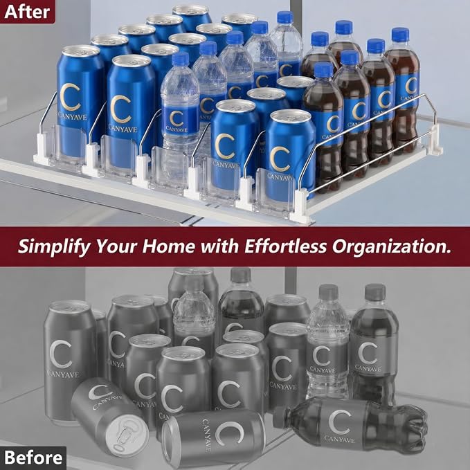 Canyave Self-Pushing Beverage Organizer for Fridge – Adjustable Spring Loaded Drink Dispenser & Soda Can Organizer – Clear Glide Rack Fits Cans, Bottles, Slim & Standard Sizes for Kitchen Pantry - Image 6