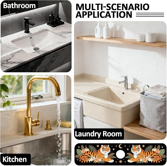 2 Pcs Tiger Kitchen Sink Splash Guard Faucet Mat Tropical Leaves Faucet Mat for Sinks Absorbing Drying Mats for Kitchen Bathroom, 23.6x5.5inch - Image 7