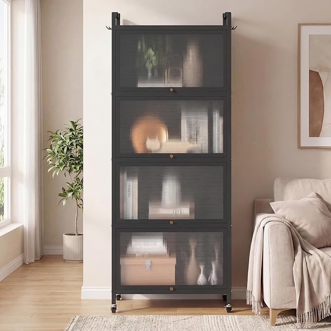 GIANTEX 5-Tier Kitchen Storage Cabinet, 4 PC Doors, Rolling Wheels, Black | Mobile Metal Pantry Cabinet with 4 Hooks & Adjustable Feet, 60" Baker's Rack Microwave Stand for Dining & Living Room - Image 4