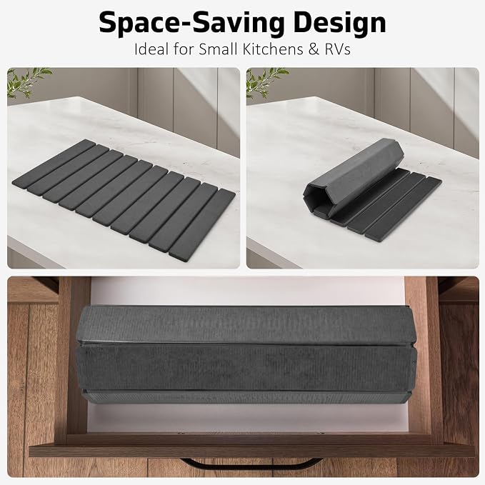 Large Stone Dish Drying Mats for Kitchen Counter, Fast Drying Collapsible Drying Mat, Eco-Friendly Absorbent Diatomaceous Earth Mats for Dishes Cups, Match Any Countertop (Dark Gray 24"×16" & 8"x4") - Image 3