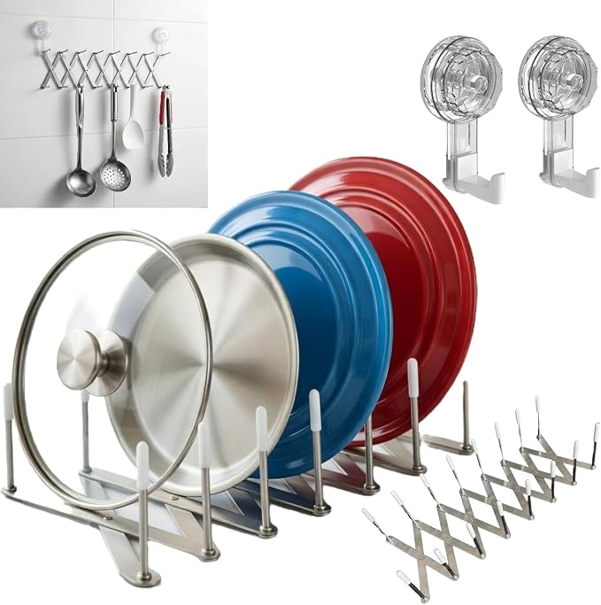 Expandable Pot Lid Organizer, Multi-Use Kitchen and Bathroom Wall Holder | Organizes pot lids, plates and cutting boards, or mounts on kitchen and bathroom walls to hold utensils, cloths and towels. by Unknown