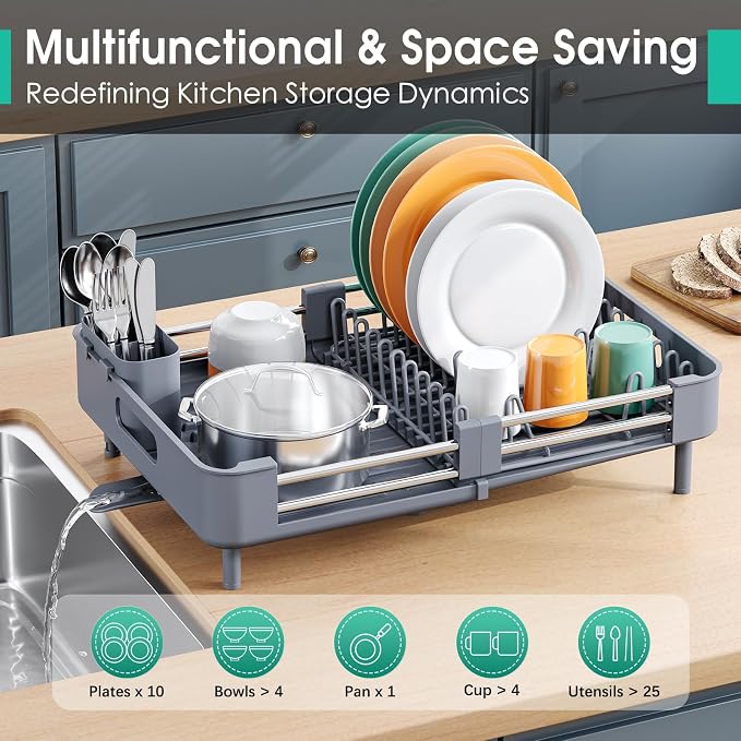 TOOLF Expandable Dish Drying Rack with Cutlery Holder, Standard, Grey | Over or In Sink Stainless Steel Dish Drainers for Compact Kitchen, Space Saving, Fast Drain, Rustproof, For 1-3 people - Image 3