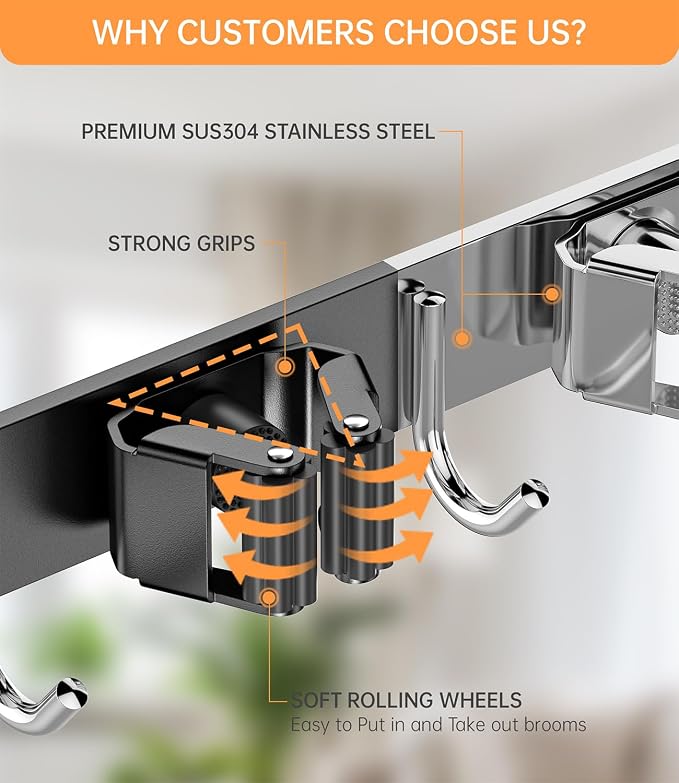 Broom Holder Over The Door with Hooks -304 Stainless Steel (Black) | Save Space, Anti-Rust & Sturdy, Mop and Broom Holder Wall Mounted or Hanging Over The Door, for Garage Laundry Kitchen - Image 7