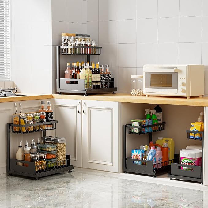 L-Shaped Under Sink Organizer, 2-Tier Pull-out Cabinet Rack 1-Pack | Black Height-Adjustable Steel Rack, Sliding Grid Drawers with PP Liners, Holds 100 Lbs, Suction Base, Ideal Kitchen Storage - Image 4