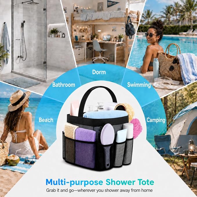 Mesh Shower Caddy Portable - 9 Pockets for College Dorm Room Essential | Large Capacity Mesh Shower Caddy with 9 Pockets, Portable Hanging Toiletry Bag for College Dorm, Gym, Camping and Beach - Image 6