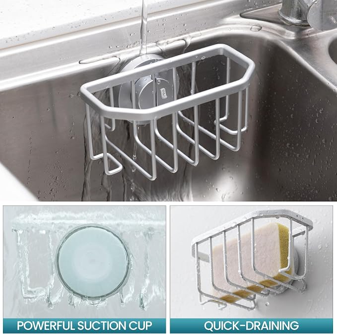 TAILI Sponge Holder for Kitchen Sink with Suction Cup-Silver, Aluminum | Rustproof Aluminum Sink Caddy for Sponges,Brushes,Stoppers & Scrapers,Removable Ventilated Quick-dry Design, holds Up 11lbs - Image 9