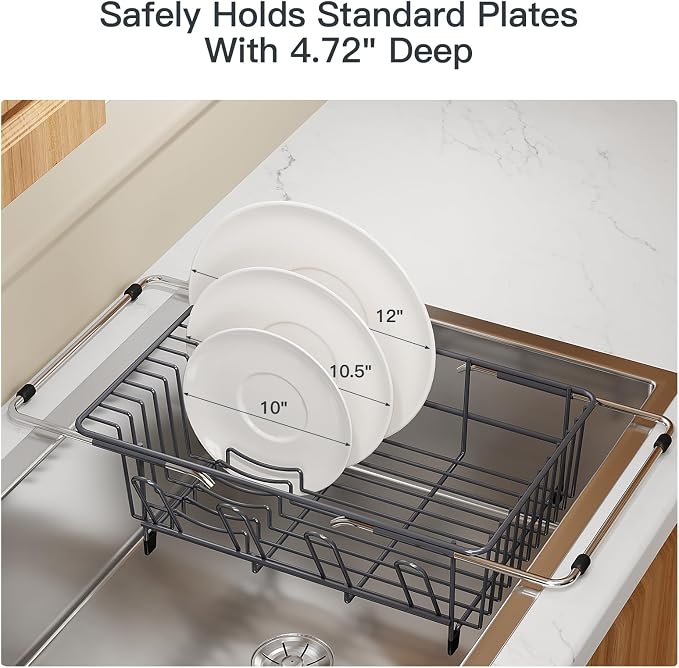 Grey Dish Drying Rack Over Sink with Utensil Holder, Drainboard | Expandable Stainless Steel Dish Drainer for Small Kitchen, Apartment, RV, Counter Space Saving, Perfect Fit, Rustproof - Image 8