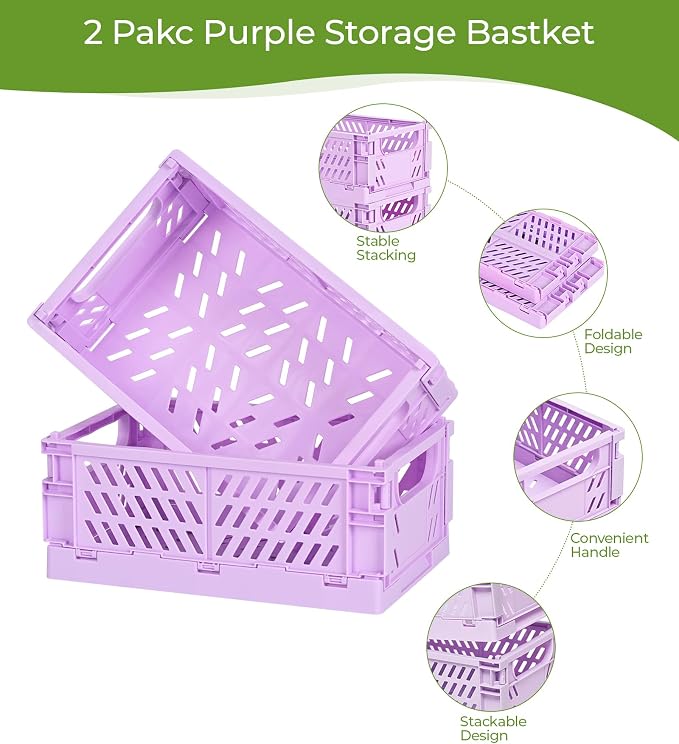 HUUSMOT 2-Pack Collapsible Plastic Storage Baskets, Purple, 9.8"x6.5"x3.8" | Pastel, Space-Saving, Collapsible Plastic Bins, Cute Mini Storage Crates, for Classroom, Kitchen, Office, Bedroom - Image 2