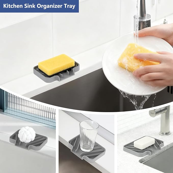 JACZZO Silicone Soap Dish for Shower and Bathroom - Small Bar Soap Holder with Self Draining Spout - Non-Slip Sink Tray Organizer for Kitchen Counter and Narrow Ledge, Gray (3.5" x 5") - Image 4