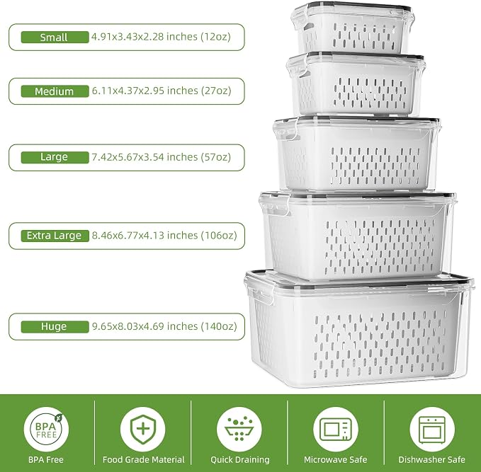 KEMETHY 5 Pack Fruit Storage Containers for Fridge with Removable Colanders - Food Storage Containers with Lids, BPA-Free Produce Containers Keep Fruits, Vegetables, Berry, Meat Fresh Longer - Image 3