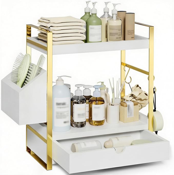 2-Tier Bathroom Counter Organizer, Wooden Vanity Shelf with Drawer & Basket | Pre-Drilled Holes, Skincare & Makeup Countertop Organizer and storage, White-gold - Image 6