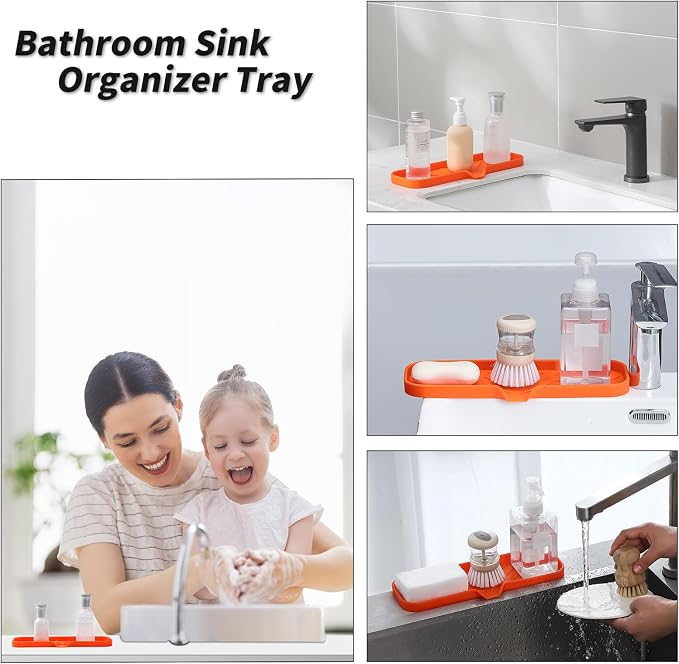 MicoYang Silicone Soap Dish with Drain Spout — Self-Draining Double Sink Organizer Tray for Kitchen & Bathroom, Dispensers, Sponges & Soap Holder, Non-Slip & Dishwasher Safe, Orange (Large, 12"×4") - Image 4