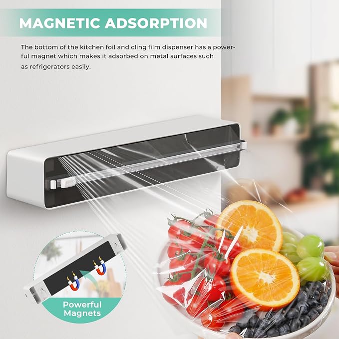 Magnetic Plastic Wrap Dispenser with Cutter - Practical Refillable Aluminum Tin Foil and Plastic Wrap Organizer for Drawer, Including an Extra Roll of 12"X 164' Food Cling Film - Black - Image 3