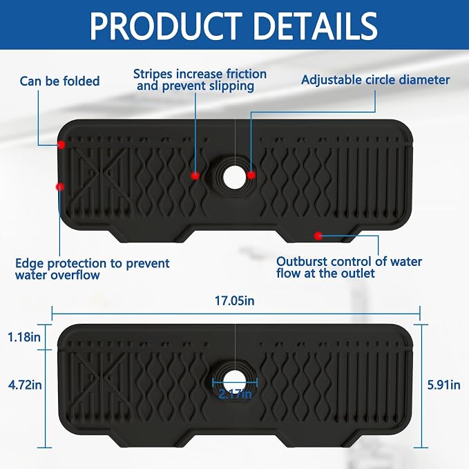 Kitchen Sink Accessories -17" x 6'' Sink Splash Guard,Silicone Sink Mat Splash Guard, fit for Countertop, Bathroom,Farmhouse,RV by EBIGIC (Black) - Image 2