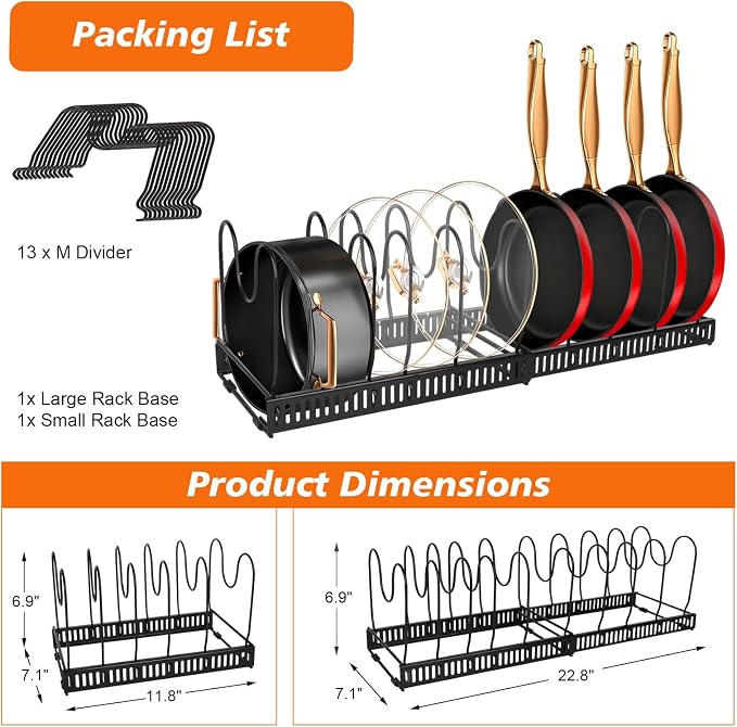 2 Pack Expandable Pot and Pan Organizerinside Cabinet 13 Divider | Expandable 11.8–22.9", 13 Adjustable Dividers, Tool-Free Assembly, Non-Slip, For Pan Lid Cutting Board Bakeware-White&Black - Image 4