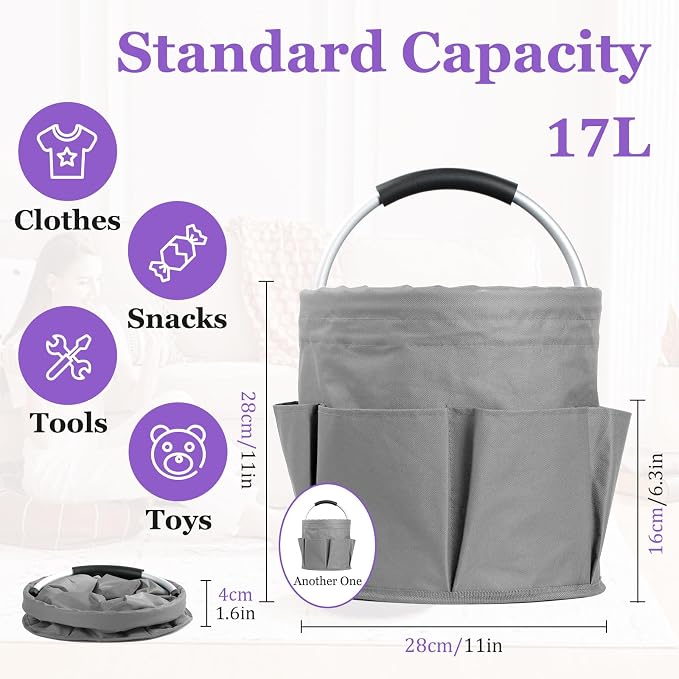 2Pcs 17L Foldable Cleaning Caddy Tote with Handle for Camping, Dark Gray | IHOMAGIC Cleaner Caddy Organizer with 6-Pocket, Portable Shower Caddy, Tool Bag Bucket Organizer for Garden, Dorm, Household - Image 2