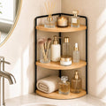 3-Tier Corner Bathroom Countertop Organizer, Solid Pine Wood Vanity Shelf | Natural wood solid pine shelves with 6.3 in clearance for tall bottles, skincare, perfume, and daily essentials. by SwartLife