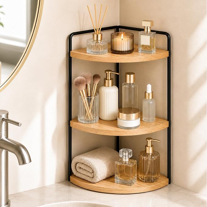 3-Tier Corner Bathroom Countertop Organizer, Solid Pine Wood Vanity Shelf | Natural wood solid pine shelves with 6.3 in clearance for tall bottles, skincare, perfume, and daily essentials. by SwartLife