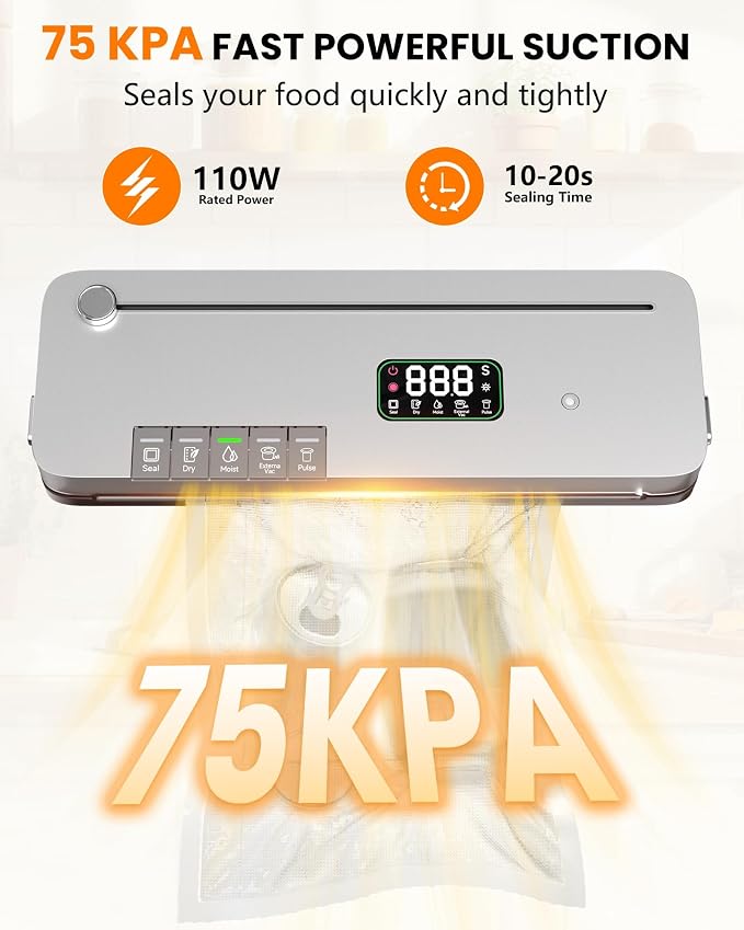 Food Vacuum Sealer Machine 75kPa, Built-in Cutter, Pulse Function, Digital Timer Dry/Moist Modes, External Vacuum for Jars, 20 Bags Included, Compact Design for Meal Prep Sous Vide and Bulk Storage - Image 2