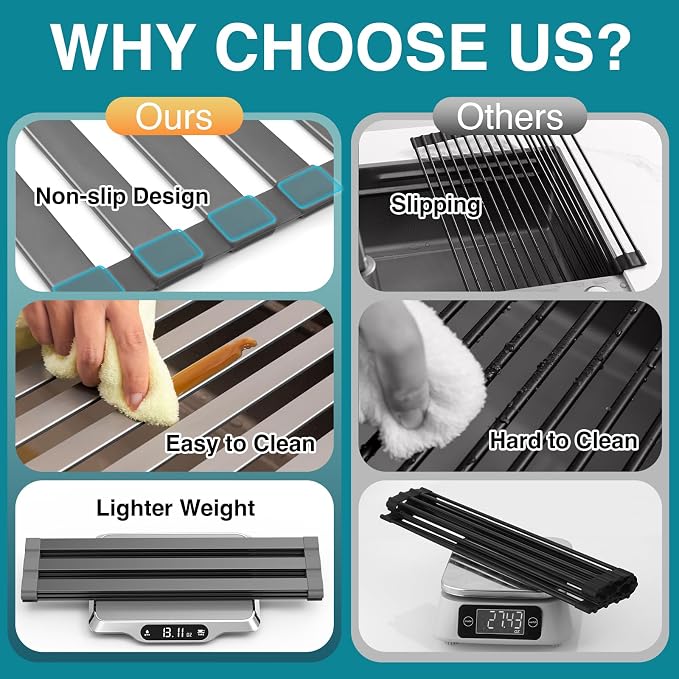COOL-ANGLE Aluminum Roll Up Dish Drying Rack, 17.7x13.4 Inches, Matte Gray | Rust proof aviation aluminum, Heat resistant trivet up to 400F, Fits sinks up to 16.8 inches, Foldable for compact RV storage - Image 2