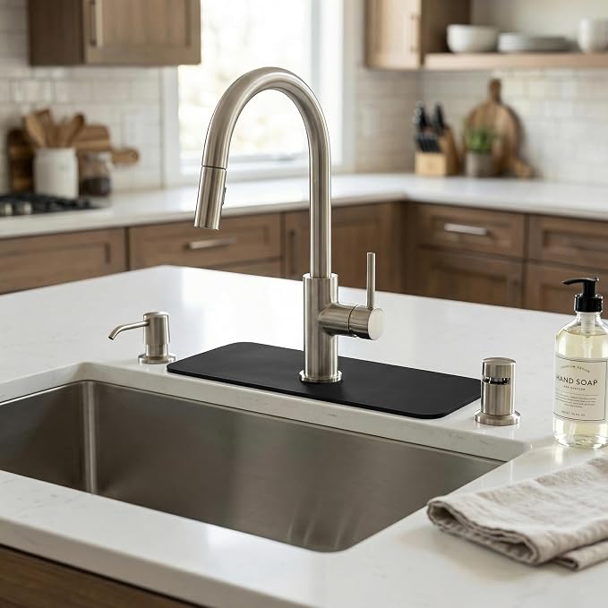 Absorbent Kitchen Sink Faucet Mat: 2PCS 14"Lx5.5"W Small Splash Guard for Compact Sink - Fits Irregular Sink with 2, 3 holes, Soap Dispenser & Air Gap - Cuttable Drip Catcher for Bathroom RV Bar by PopKozzi