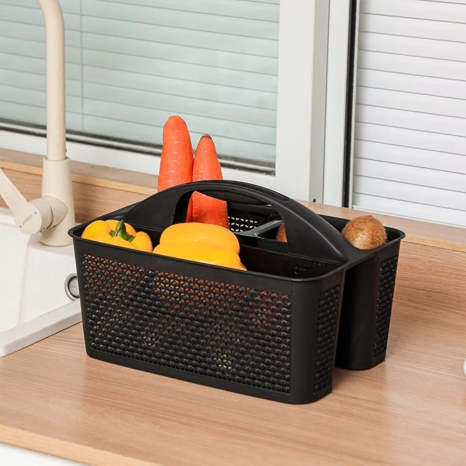 Plastic Portable Shower Caddy Basket with Handle, 3 Compartments, Black | Storage Organizer with Drain Holes, Sturdy and Durable For Bathroom, Kitchen, College Dorm, Sink, Camping - Image 5