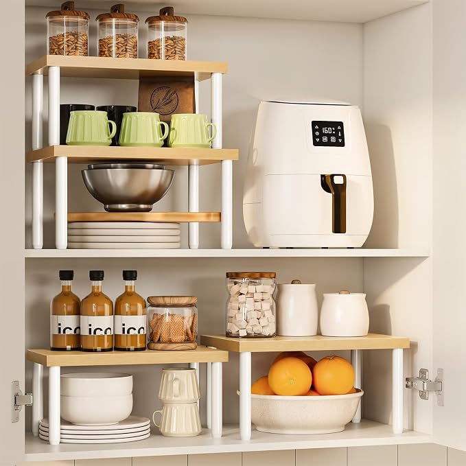 HOOBRO Cabinet Organizer Shelf, kitchen countertop organizer, Kitchen Storage, Spice Rack for cabinet, Stackable, Expandable, for Countertop,kitchen,cabinet, White and Natural WN15TL01 - Image 4