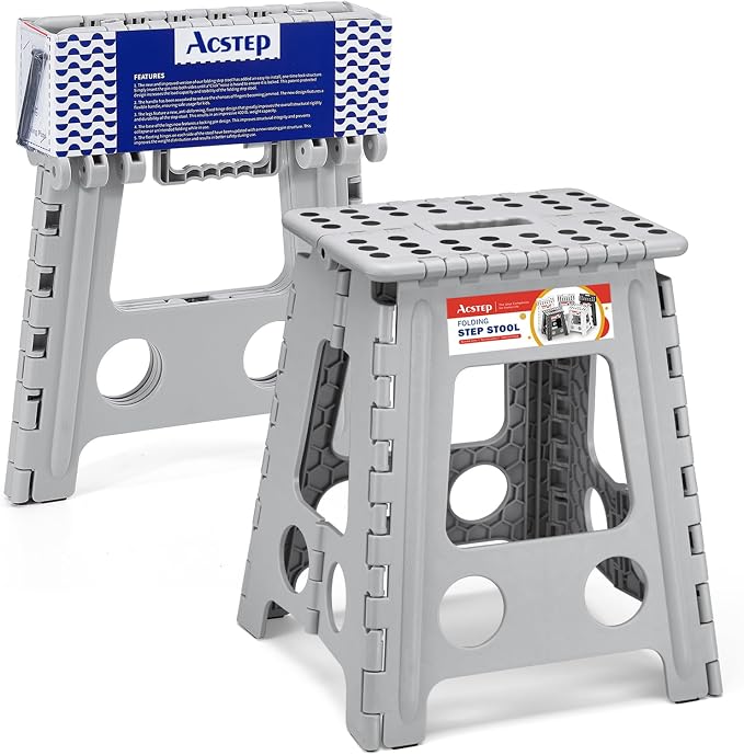 16 Inch Folding Step Stool, Heavy Duty, 400 lbs, Grey | Lightweight Collapsible Stepping Stool for Adults with Handle, Non-Slip, for Kitchen, Bathroom, Bedroom and Outdoor Use by ACSTEP