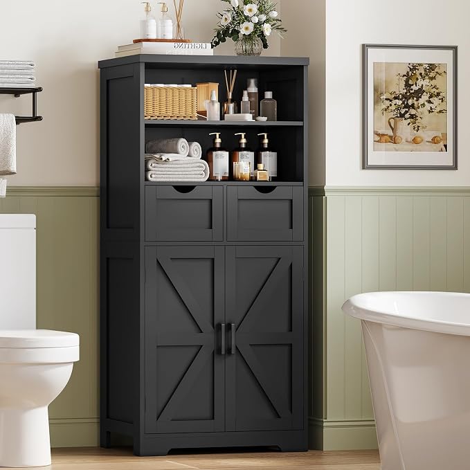 Storage Cabinet with Doors & 2 Drawers, Kitchen Cabinet with Adjustable Shelf, Pantry Cabinets, Bathroom Cabinets, for Living Room, Entryway, Home Office, Black - Image 5