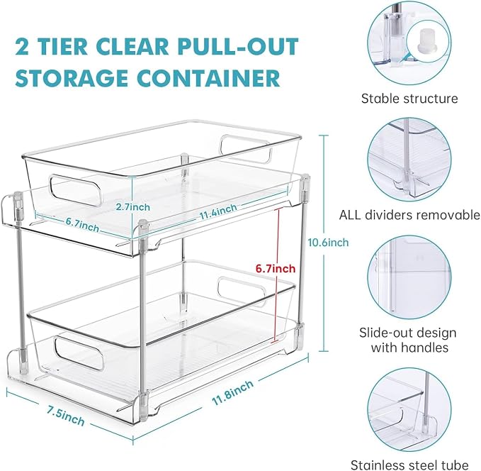 4 Pack Clear Bathroom Organizers and Storage, 2 Tier Pull Out Under Sink Cabinet Organizer Plastic Drawer Organization and Storage for Bathroom and Kitchen - Image 2
