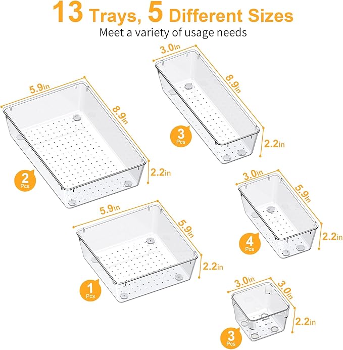 SMARTAKE 13-Piece Drawer Organizers with Non-Slip Silicone Pads, 5-Size | Clear Desk Bathroom Drawer Organizer Trays Storage Tray for Makeup, Jewelry, Utensils in Bedroom Dresser, Office and Kitchen - Image 3