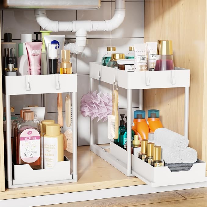 Simple Trending Under Sink Organizer 2 Pack, with Sliding Drawer, White | 2-Tier Multi-Use Under Shelf Organizer with Hooks, Sink Pull-Out Sliding Storage Cabinet for Kitchen Bathroom, Easy Assembly by SimpleTrending