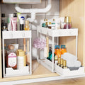 Simple Trending Under Sink Organizer 2 Pack, with Sliding Drawer, White | 2-Tier Multi-Use Under Shelf Organizer with Hooks, Sink Pull-Out Sliding Storage Cabinet for Kitchen Bathroom, Easy Assembly by SimpleTrending